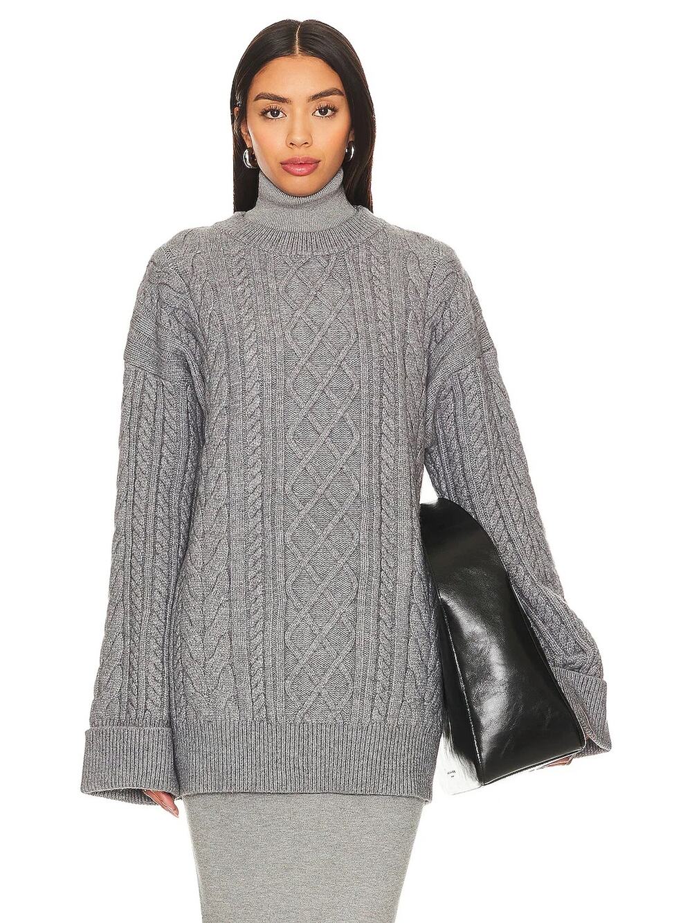 SNDYS Nellie Gray Cable Knit Turtleneck Oversized Pullover Sweater Size Small